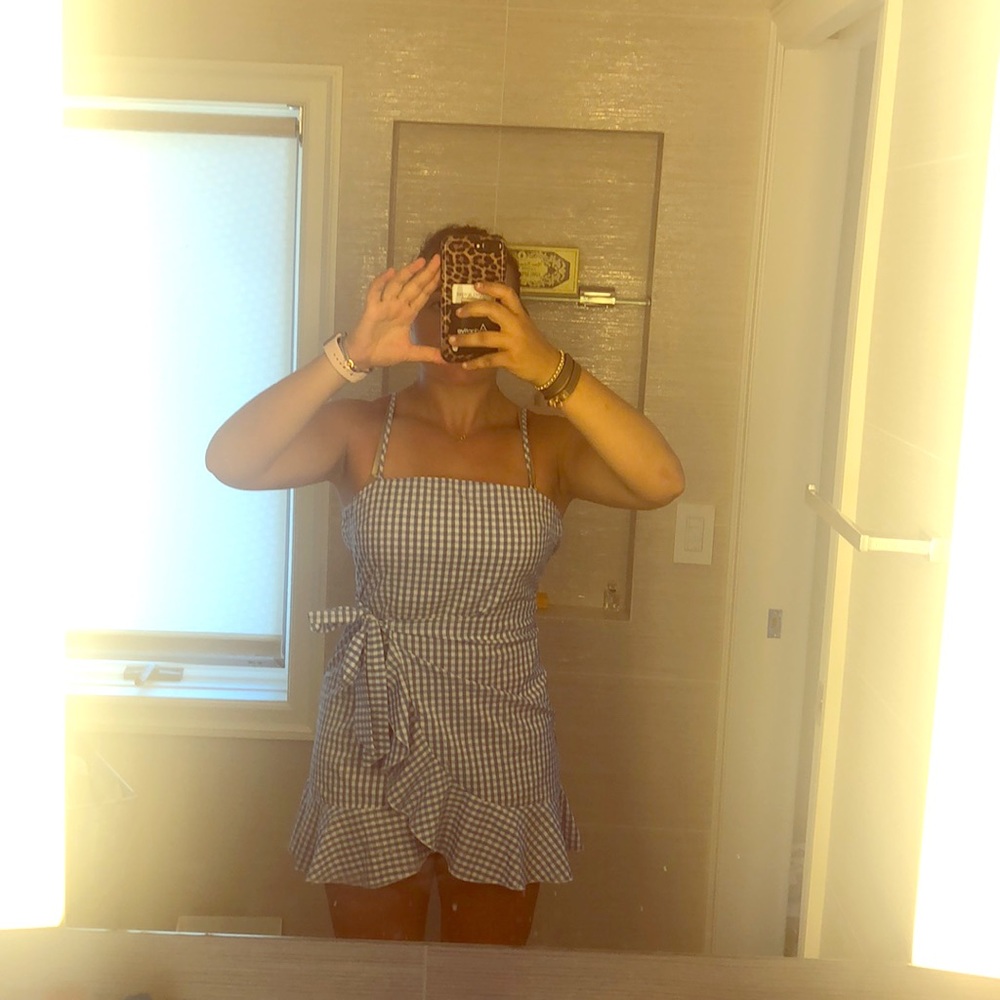 Blue and white gingham tie dress